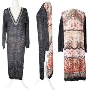 Aratta Silent Journey open Knit Tunic Duster Sweater Floral Panel Size Small